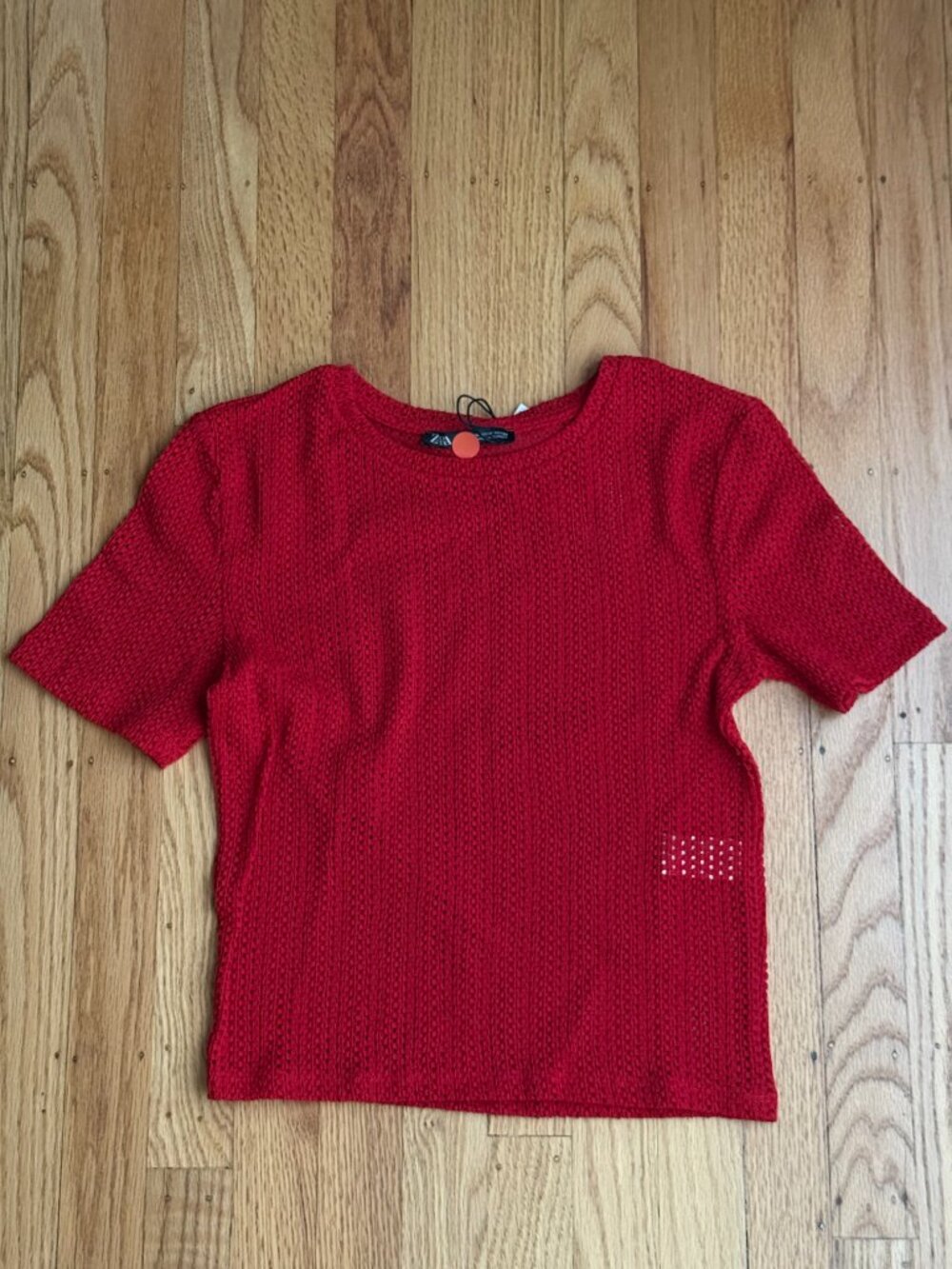 Zara Red Open-Knit Pointelle Short Sleeve Crop Top - Picture 2 of 5